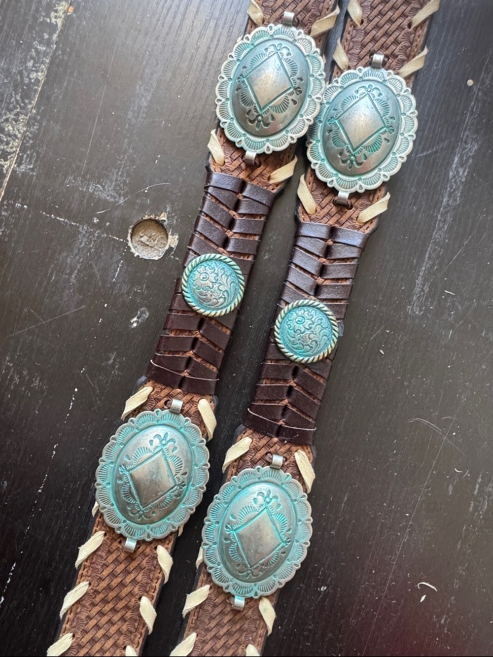 Nocona Brown Leather Braided Belt Strap with Turquoise Conchos - Picture 2 of 4